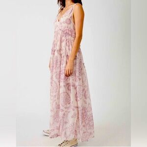 Free People • Juliana Floral Tiered Maxi Dress With Pockets Pink & Cream Sz Lrg